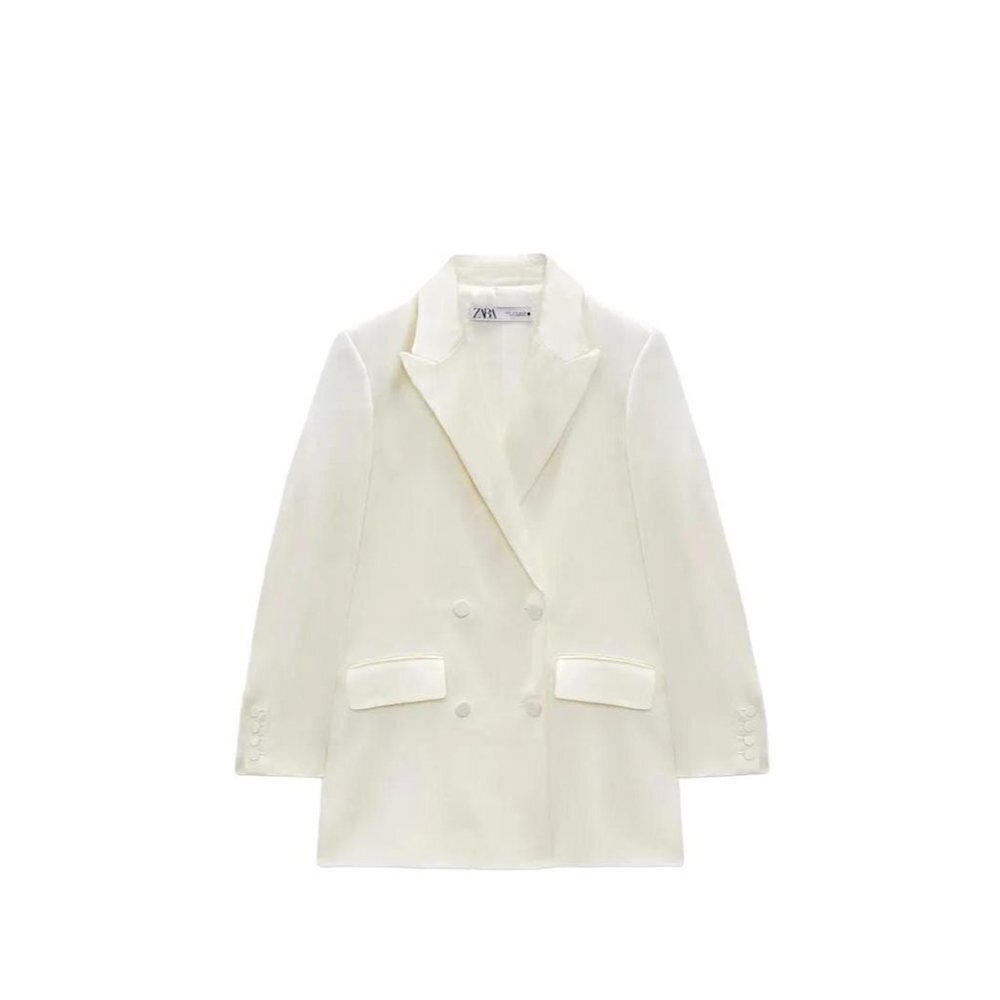 ZARA OYSTER WHITE SATIN LINEN BLAZER CREAM SIZE S 2699/451